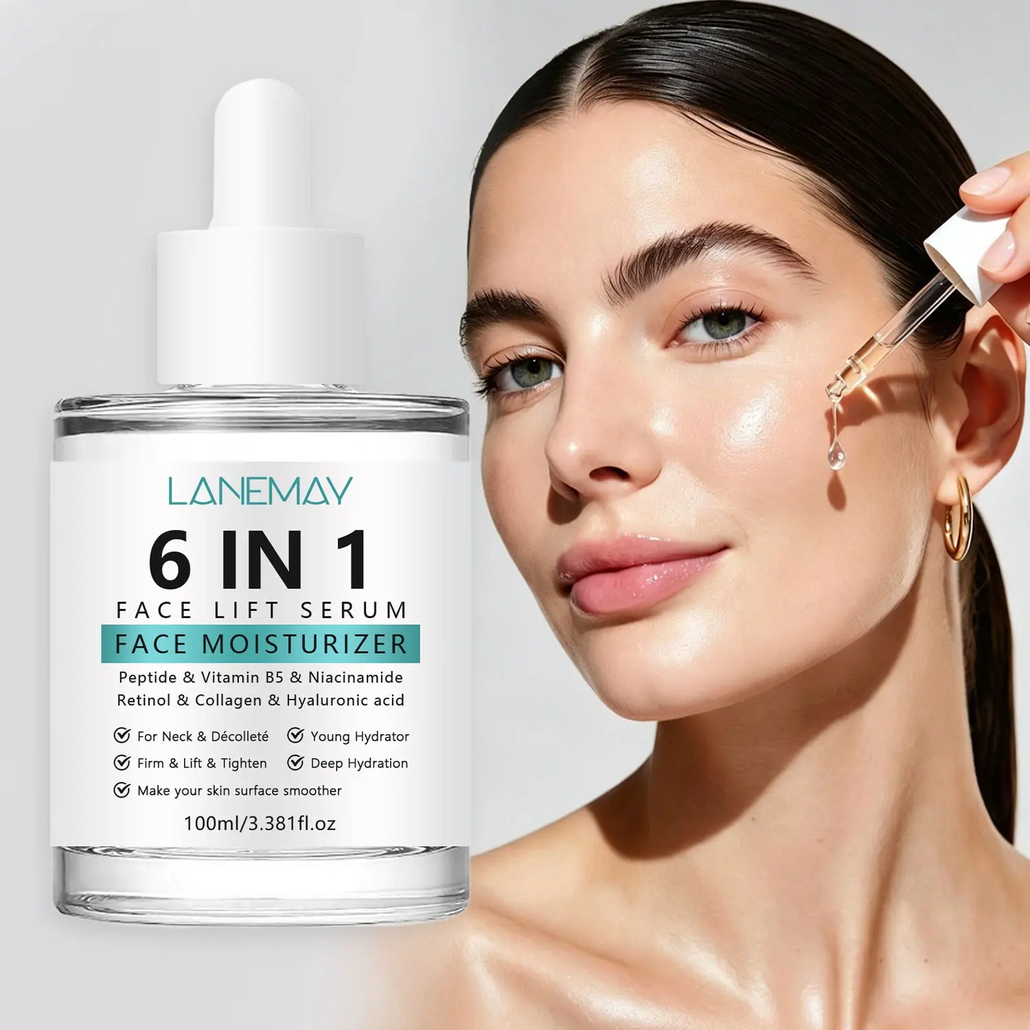 100ml 6-in-1 Face Lifting Serum with Peptide, Vitamin B5, Niacinamide, Retinol, Collagen, Hyaluronic Acid - Firms, Lifts & Tightens, Deep Hydration, Smooths Skin Surface - For Face, Neck & Décolleté, Daily Anti-Wrinkle Care