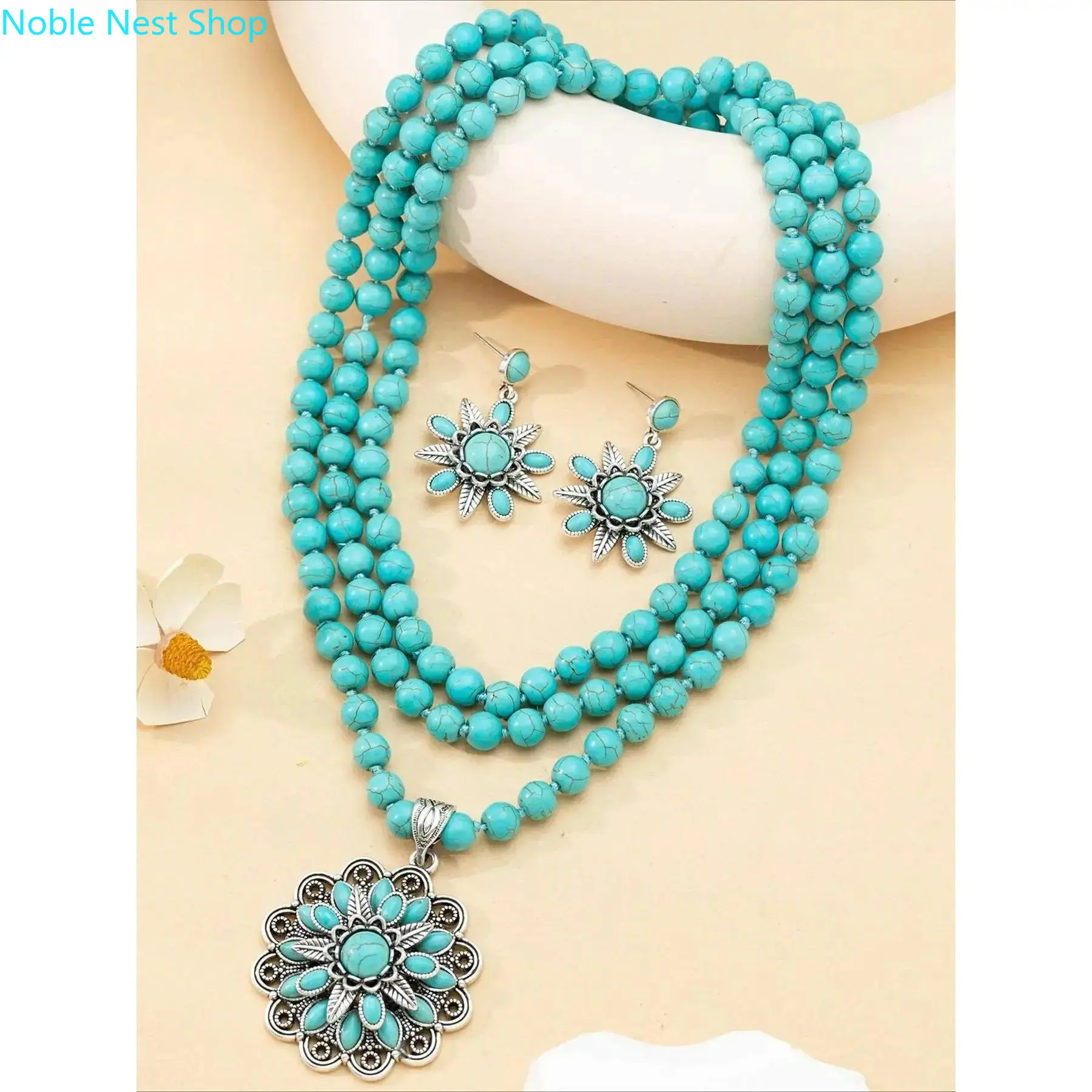 Women's Vintage Boho Western Turquoise Jewelry Set, Matching Necklace & Earrings, Trendy Coastal Cowgirl Accessory for Festivals, Vacations & Y2K Aesthetic Outfits