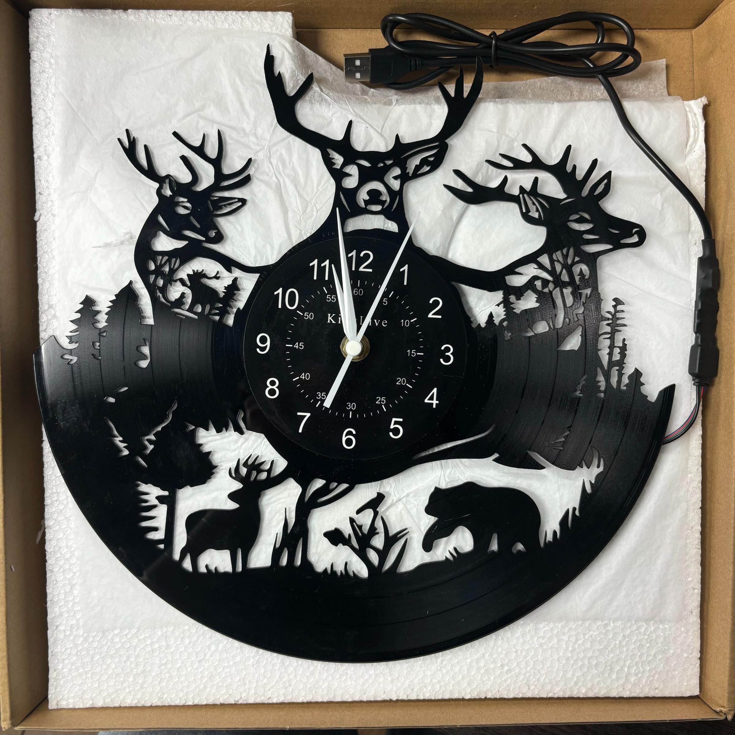 Vintage Forest Deer Vinyl Wall Clock, Christmas & Easter Themed Seven-Color LED Display, Creative Decorative Clock, Home & Office Decor, Unique Bar Decoration