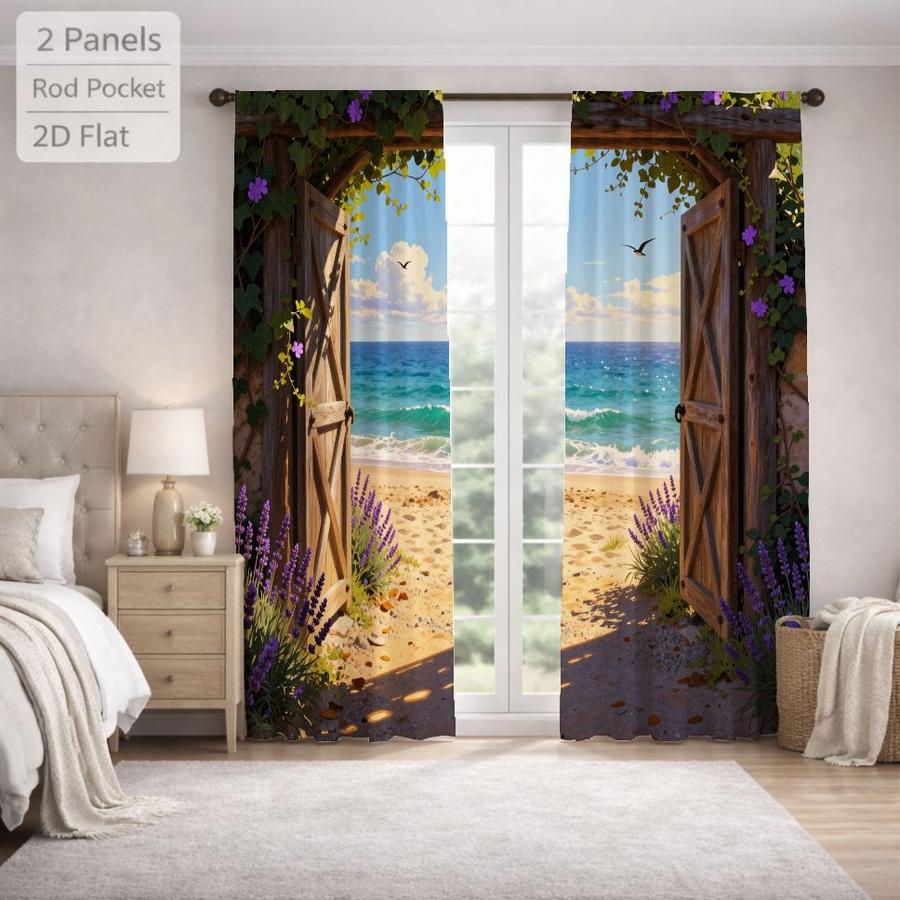 Coastal Landscape Beach Seascape Window Curtains 2Pcs Digital Print Rod Pocket for Bedroom Office Kitchen Living Room Study Home Decor Soft Light Filter Easy Installation