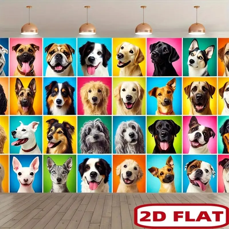 2D Flat Banner 1pc, Banner Vibrant Dog Collage Polyester Photography Backdrop - Colorful Canine Faces Banner for Indoor/Outdoor Party Decor, Studio Props & Birthday Celebrations, Indoor Outdoor Banner | Playful Decor | Durable Fab