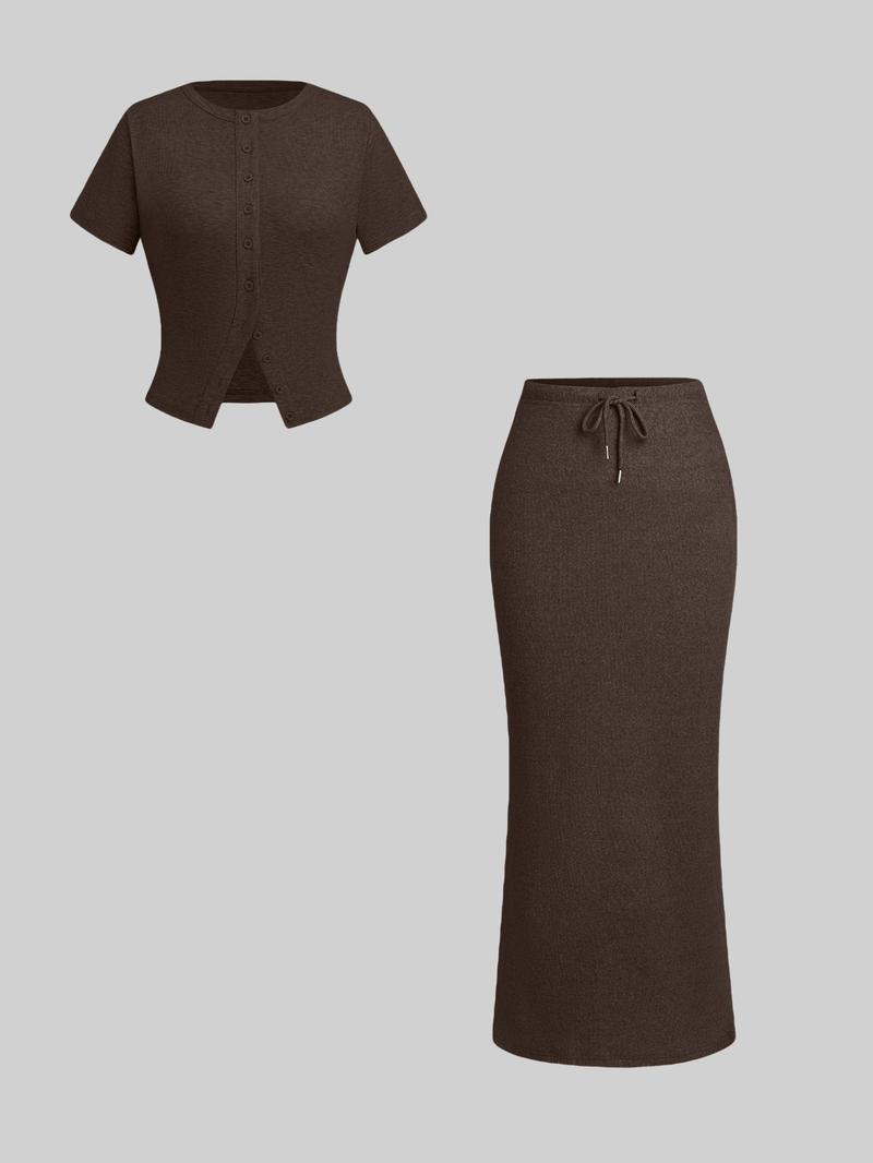 Women's Solid Button Front Tee & Drawstring Split Hem Skirt Two-piece Set, Casual Short Sleeve Top & Skirt for Daily Wear, Ladies Two-piece Outfits for All Seasons, Matching Clothing Set Women