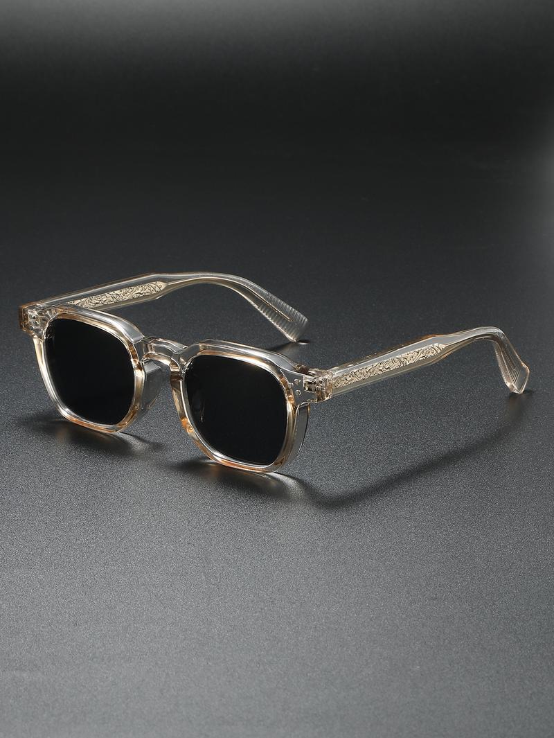 Vintage Square - Frame Sunglasses: Transparent Gray Acetate Frame, Tortoise - Patterned & Engraved Temples, Black Lenses
