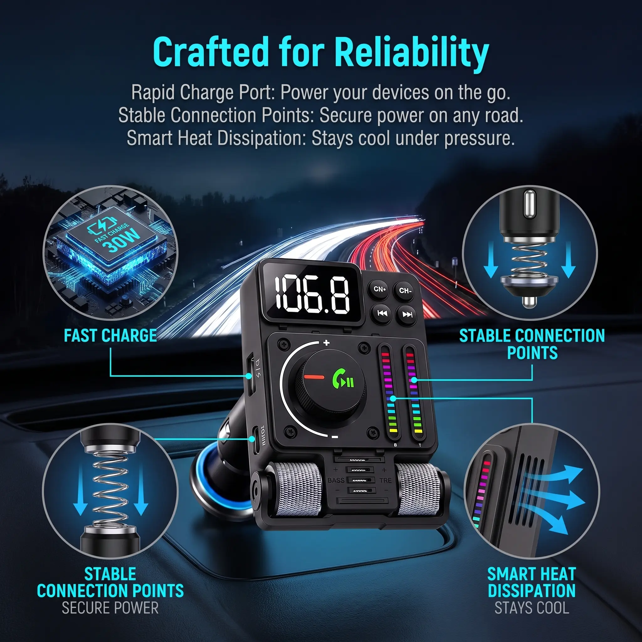 Universal Bluetooth Wireless Car FM Transmitter - Driving Music Stream Device, 30W PD Type-C Fast Charge, 30W Power Dual USB Charger, Hands-Free Calls, All Cars Audio Receiver & MP3 Player