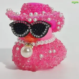 Bling Rhinestone Pearl Cowboy Duck Car Dashboard Ornament, Fully Bedazzled Mini Rubber Duck Figurine with Sunglasses Hat Necklace, Small Stable Interior Decor, Compatible With Car Truck SUV, Ideal Desk Decoration And Ideal Creative Gift for Car Lovers