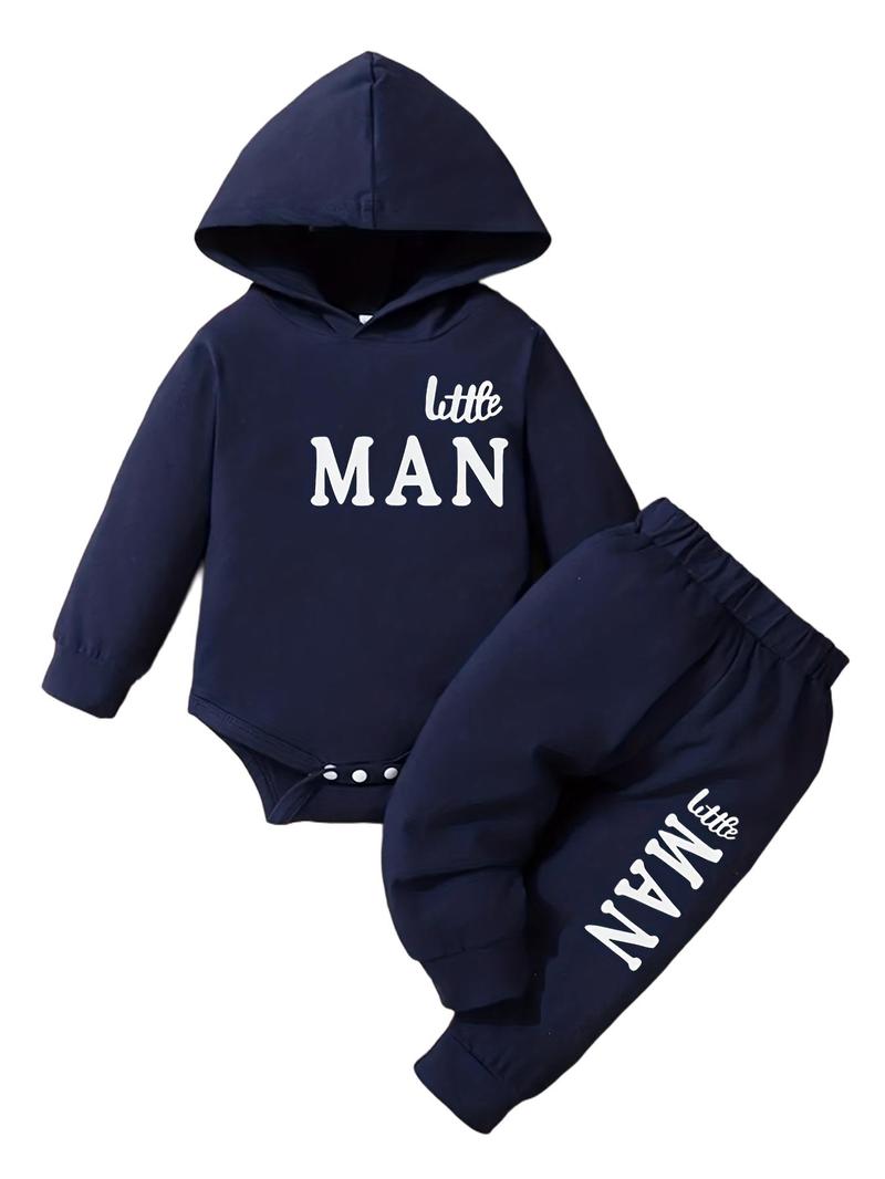 Baby's Letter Print Hooded Bodysuit & Pants Set, Casual Long Sleeve Bodysuit & Pants, Infant Kids Fall & Winter Clothes, Baby Boy Clothes