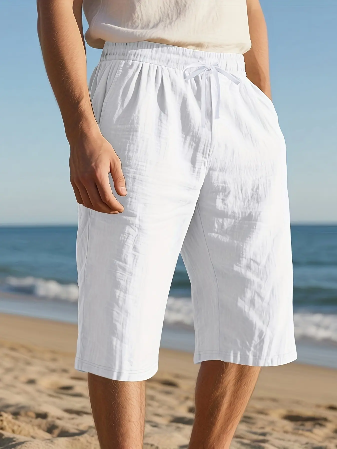 2026 New Linen Shorts, Drawstring Waist, Straight Leg, Solid Color, Breathable, Casual Beach Seven-Eighths Pants for Men, Drawstring Waistband Shorts