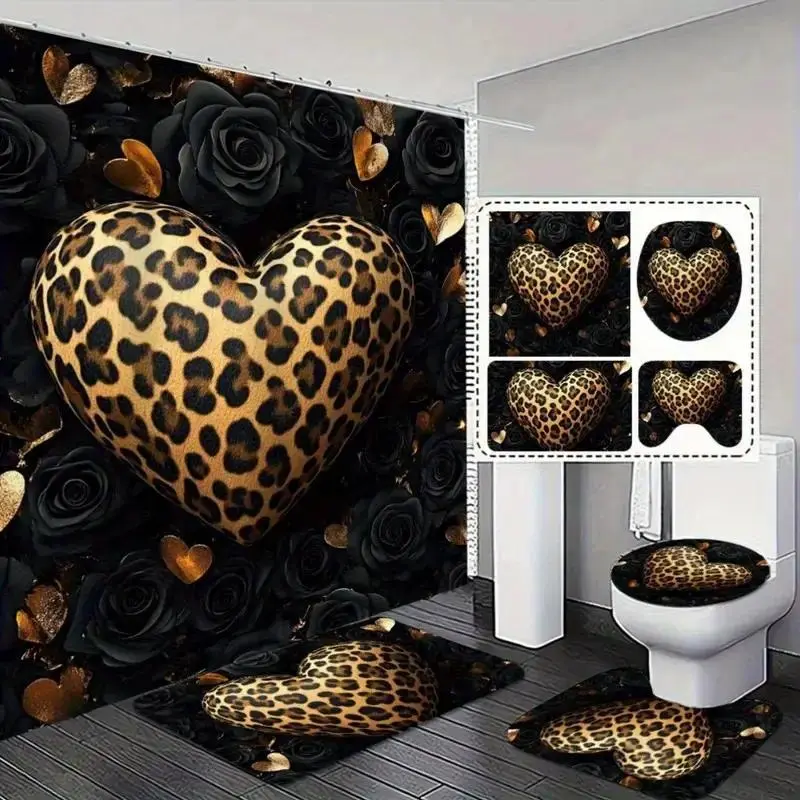 Leopard & Black Floral Heart Print Bathroom Shower Curtain Set (4-Piece) - Anti-Slip Mat, U-Shaped Rug, Toilet Seat Cover, 12 Hooks, Ideal for Leopard Themed Bathrooms, Shower Curtains, Installation, Bathroom Shower Curtain Sets, Polyester