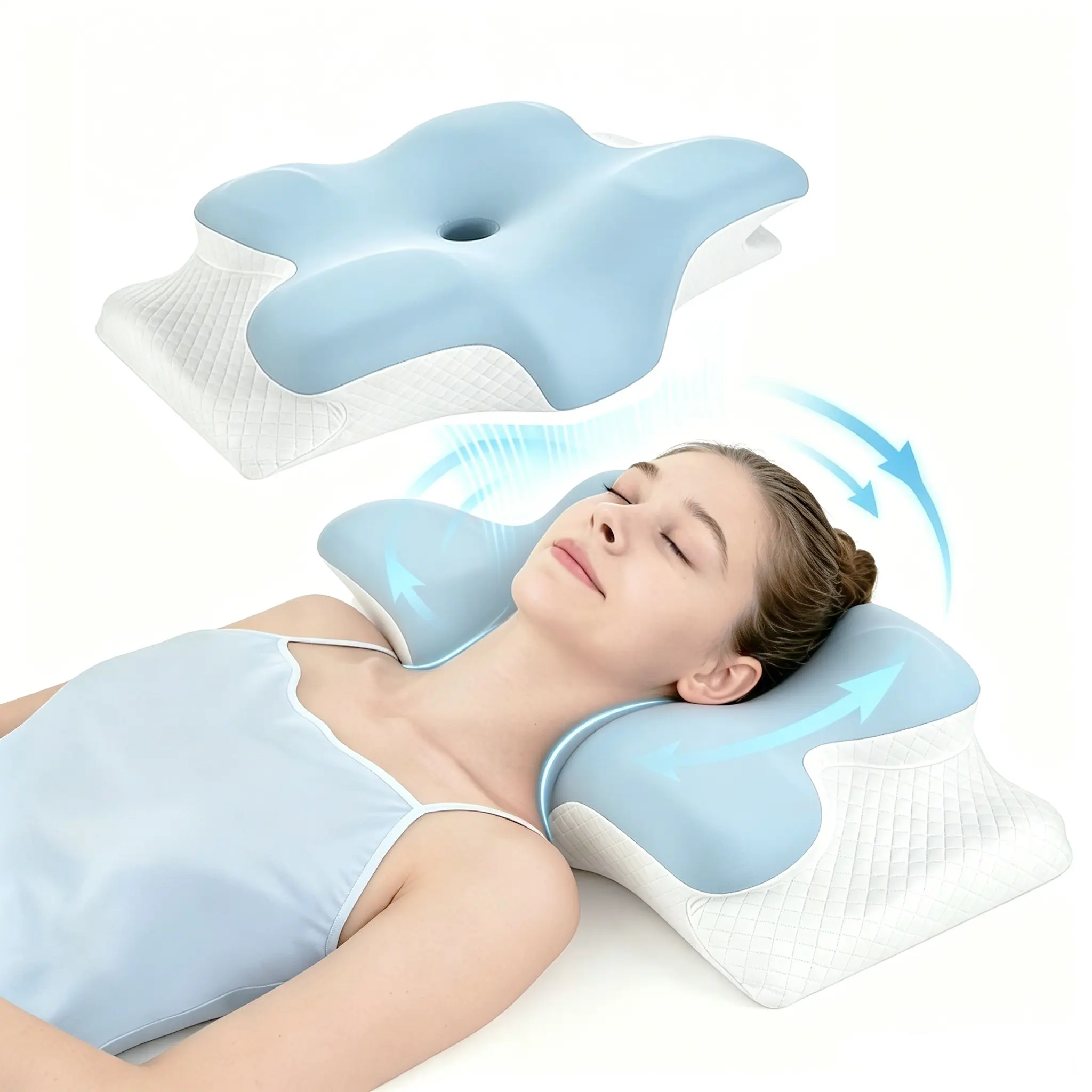 Contoured Neck Pillow, Ergonomic Memory Foam, Unscented Supportive Memory Foam with Cooling Cover, Zoned Design & Extra-Large Armrest for Side/Stomach/Back Sleepers, Double-Sided #GLOBAL PICKS