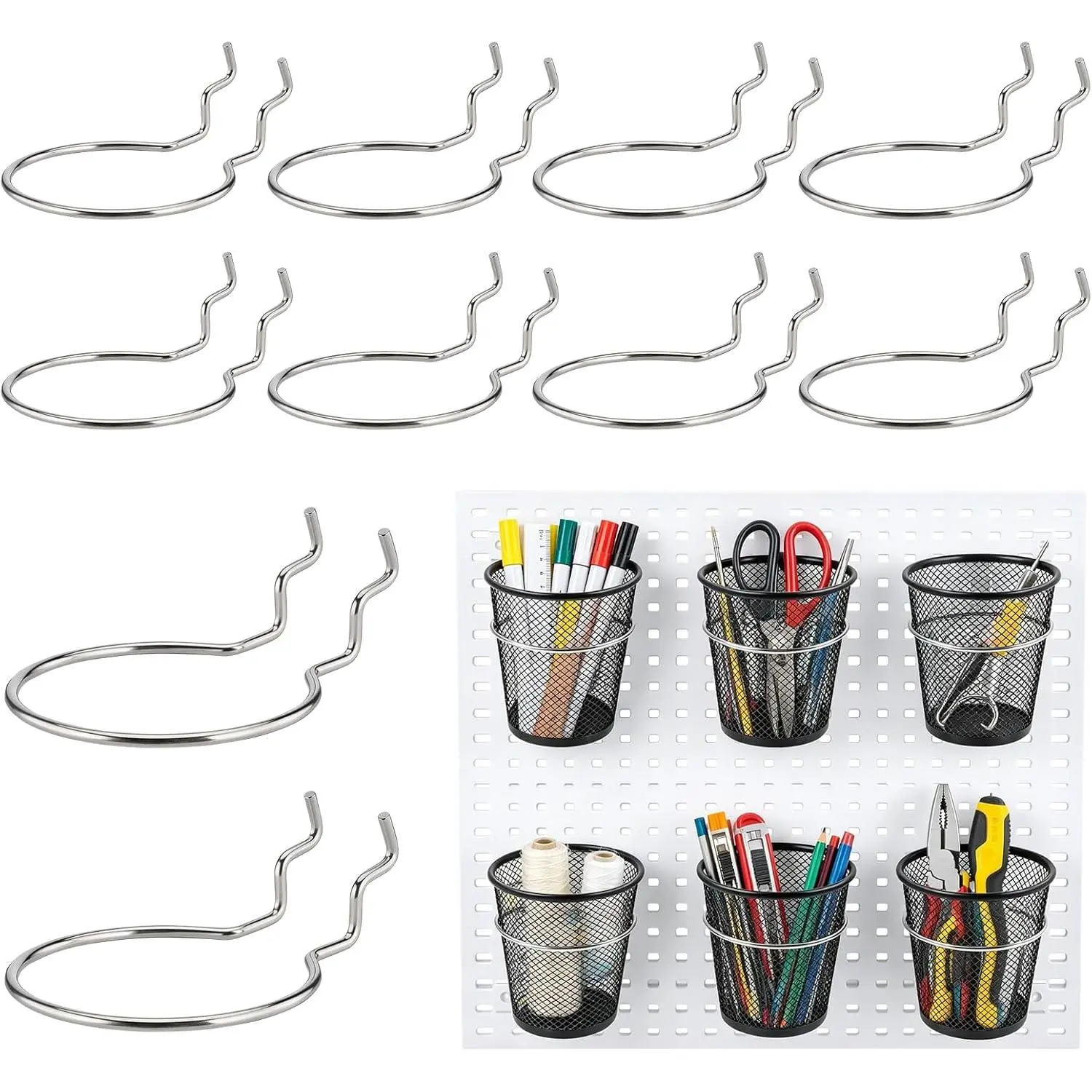10 count Pegboard Hooks Cup Holder Rings for Organizer 2.5" W Metal J Shape Accessories Fit 6mm Hole Wall Board Craft Room Garage Bin Display Storage,