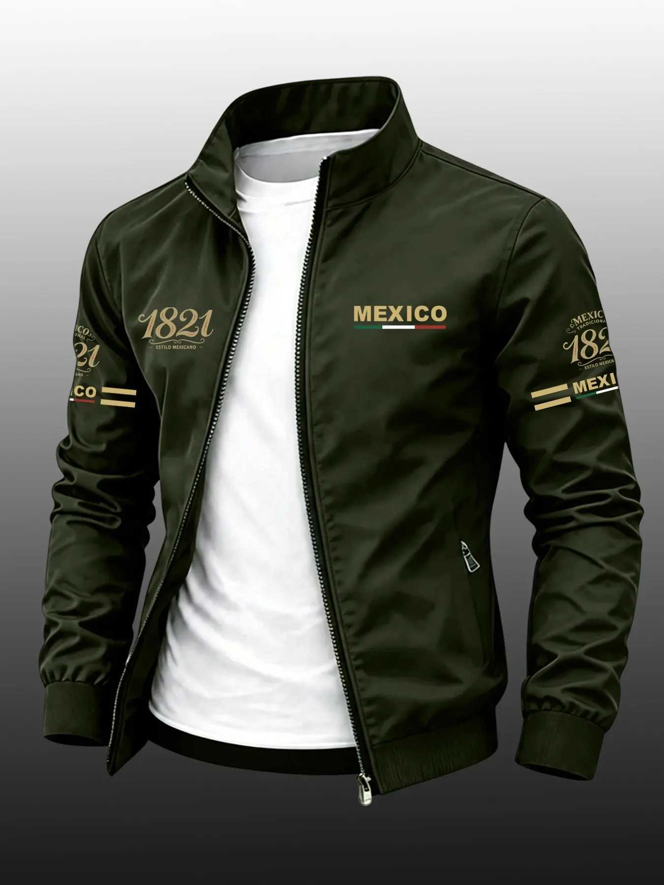 Men's City Theme Print Stand Collar Long Sleeve Jacket, Durable Casual Zipper Outerwear, Business Style Outdoor Sports Coat, Slim Fit, Casual Fitted Jackets, Perfect Gift