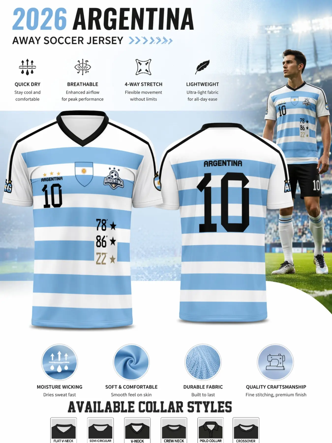 Argentina Soccer Jersey 2026 Sky Blue White Horizontal Stripes Number 10 Football Shirt Men Unisex, 3 Stars Champions Graphic, Breathable Quick Dry Lightweight Sports T-Shirt, Dry Fit Shirt, Argentine Soccer Fan Gear Crew Neck Training Activewear Top