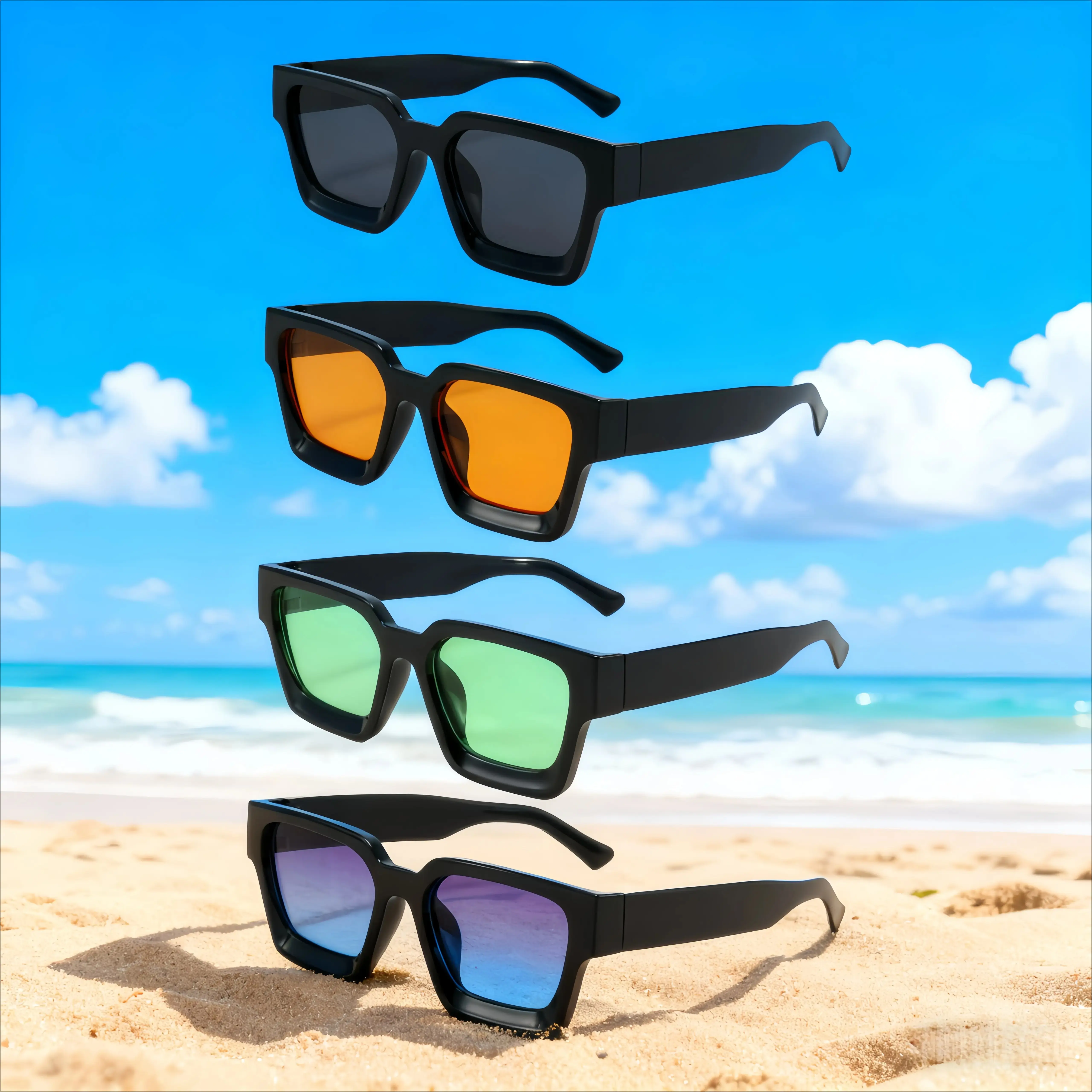 4 Pack Retro Square Sunglasses for Men & Women, Y2K Trend Fashion Shades Set, Black Frames with Multi-Color Lenses, UV400 Protection, Unisex Bulk Sunglasses for Beach, Vacation, Travel, Festival & Streetwear