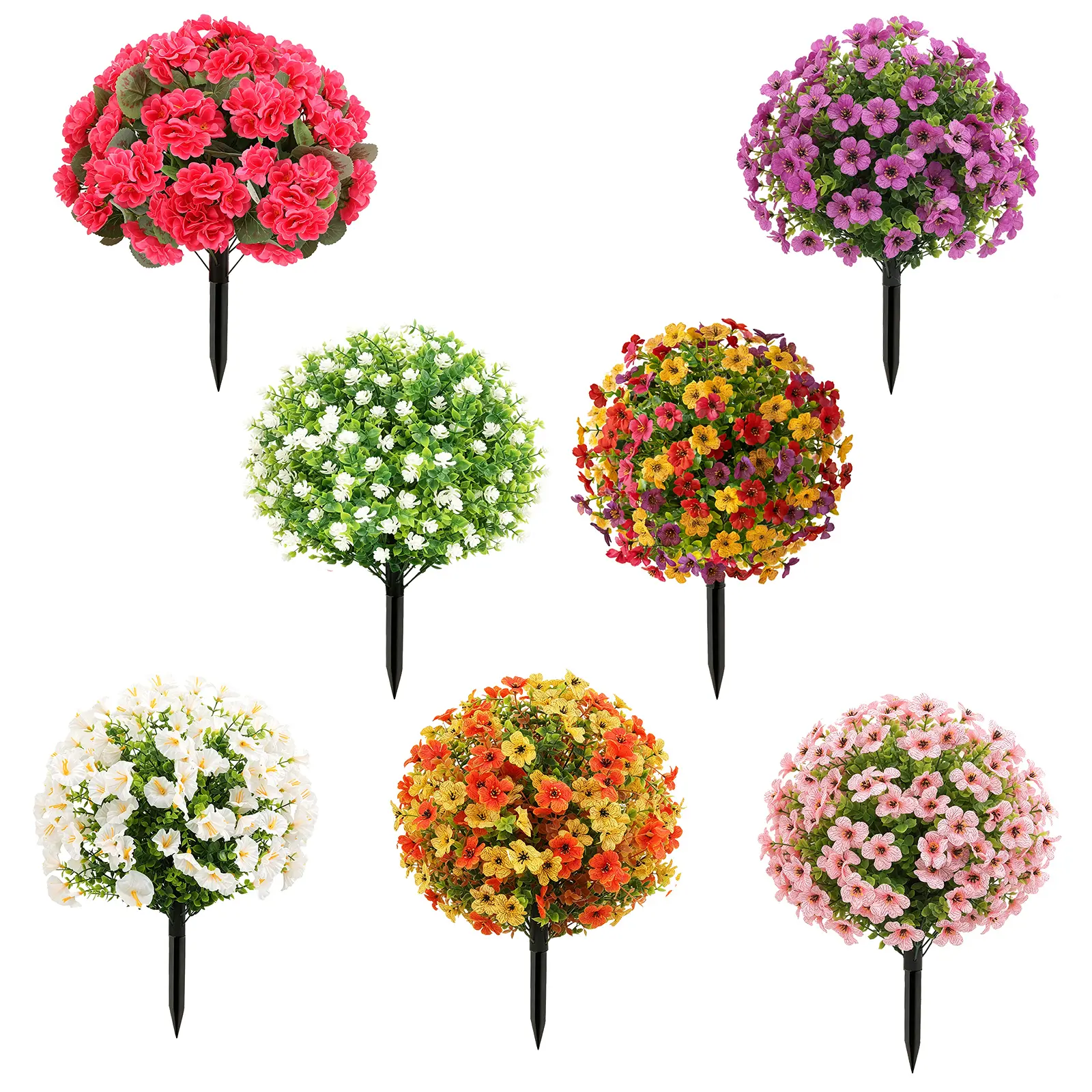 2Pcs Artificial Flowers for Outdoors, Faux Outdoor Plants Fake Plants Topiary Balls Artificial Outdoor Ground Spike for Home Front Porch Patio Garden Decor