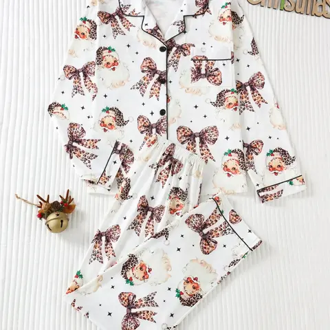 Women's Christmas-Themed Two-Piece Pajama Set, Santa & Leopard Print, Retro Button-Front Long Sleeve Top & Comfortable Pants, Casual Homewear
