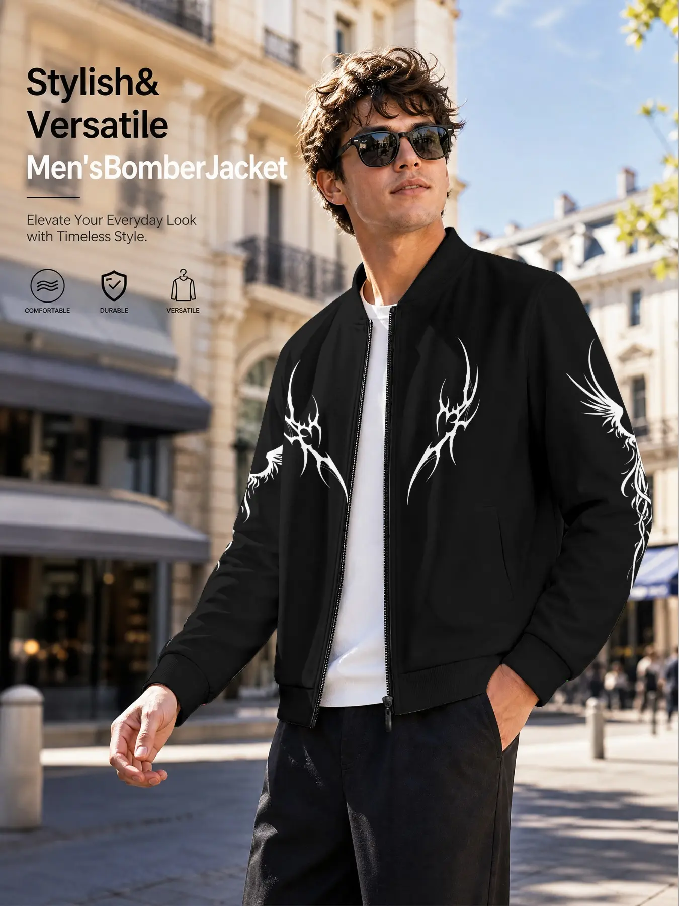 Men's Dark Gothic Thorn Dragon Print Bomber Jacket, Street Style Streetwear Long Sleeve Outerwear, Casual Slim-Fit Unlined Top