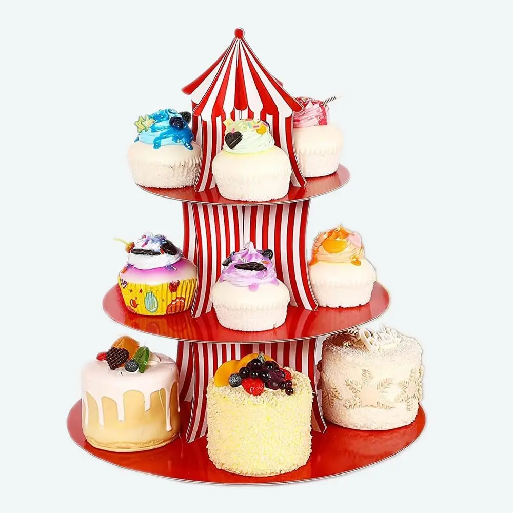 3-layer Cupcake Stand Circus Carnival Birthday Party Cupcake Dessert Decoration 13.7 * 11.8 inches (circus 1), Red White