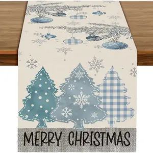72 x 13 Inch Christmas Table Runner - Blue  and Snowflake Christmas Tree Holiday Table Decoration with Ornaments and Pine Branches for Dining Room, Kitchen, and Winter Parties