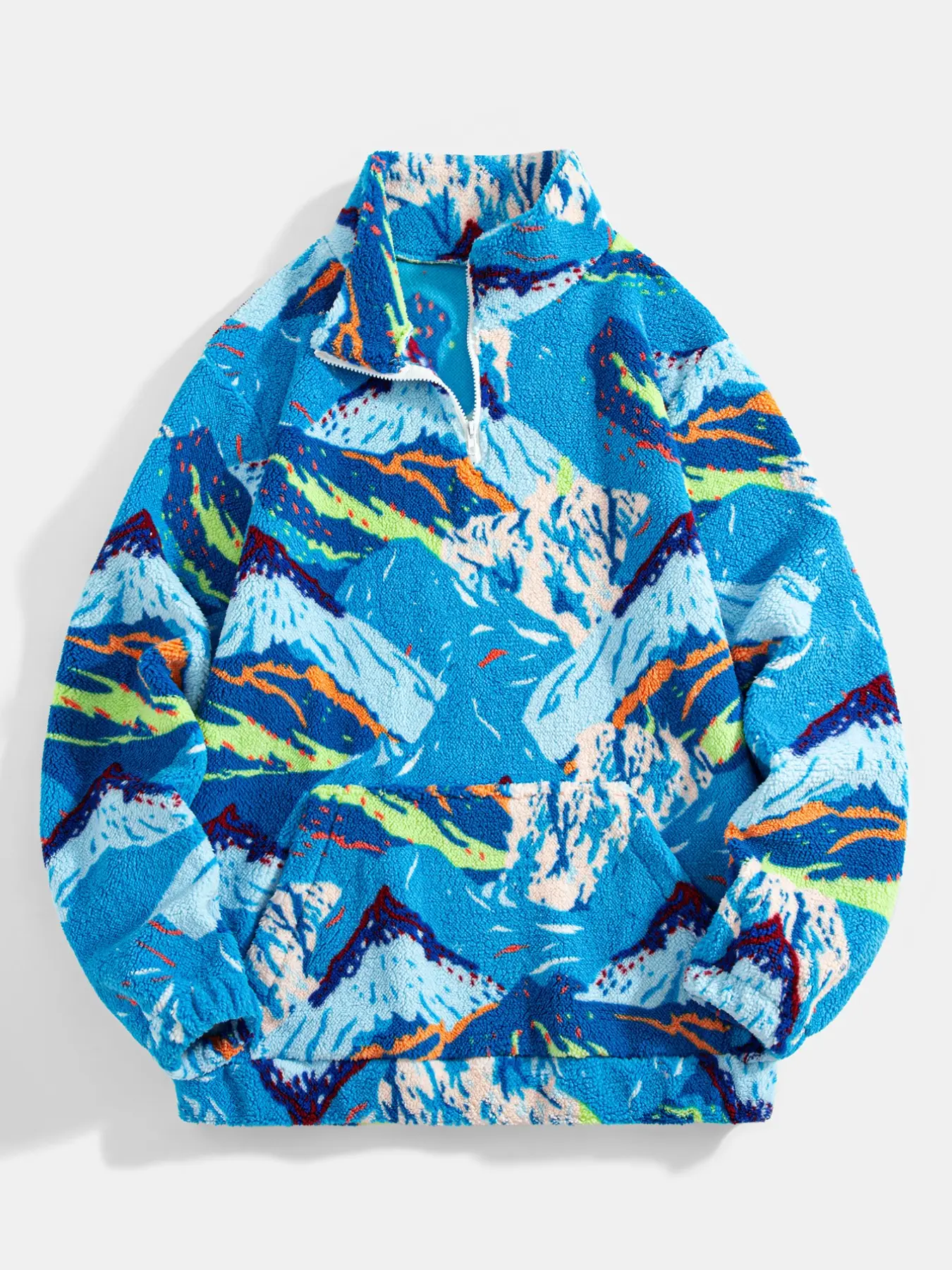 Retro Mountain Print Plush Fleece Pullover for Men, Quarter-Zip Warm Sweatshirt, Loose Stand-Collar Top with Pocket, Casual Hiking Wear