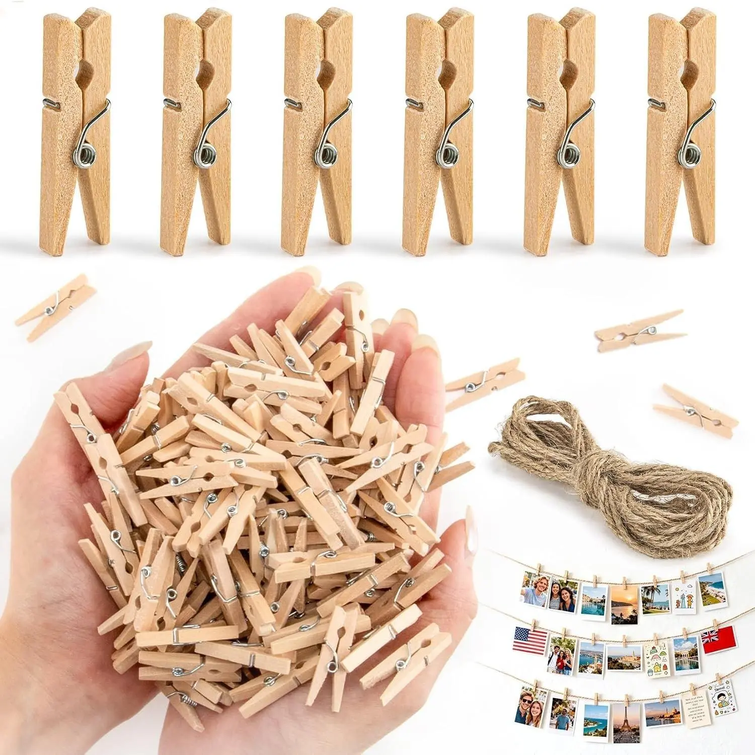 Mini Wooden Clothespins - 200 PCS Craft Clothespins with Jute Twine Mini Clips for Photos Small Clothes Pins for Crafts DIY Project Hanging Pictures