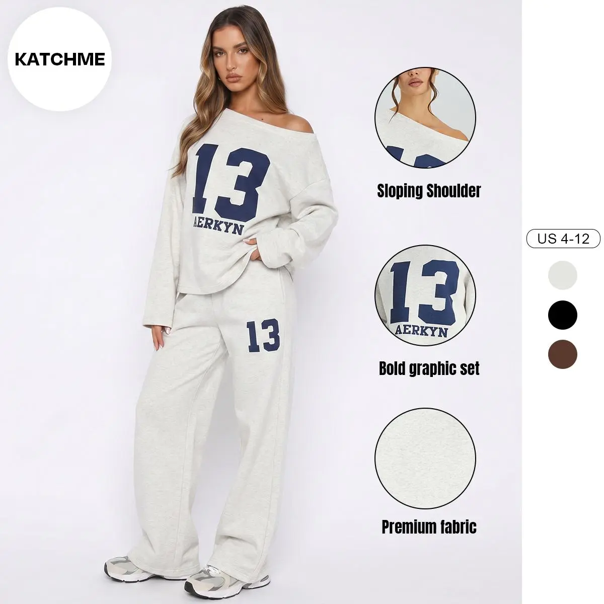 KatchMe Women's Casual Solid Color Sloping Shoulder Letter Print Long Sleeve Top & Wide Leg Trousers Co-ord, Versatile Loose Tracksuit, Minimalist Two Piece Outfits