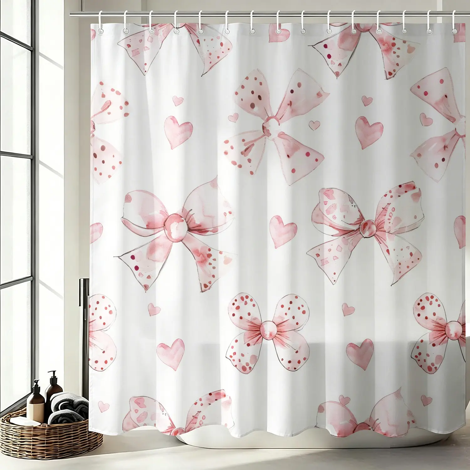 1Pc Waterproof Coquette Watercolor Pink Bow Heart Shower Curtain, Vintage Sweet Romantic Girly Aesthetic Bathroom Decor with Hooks, Quick Dry Machine Washable Cute Valentine Bath Accessory