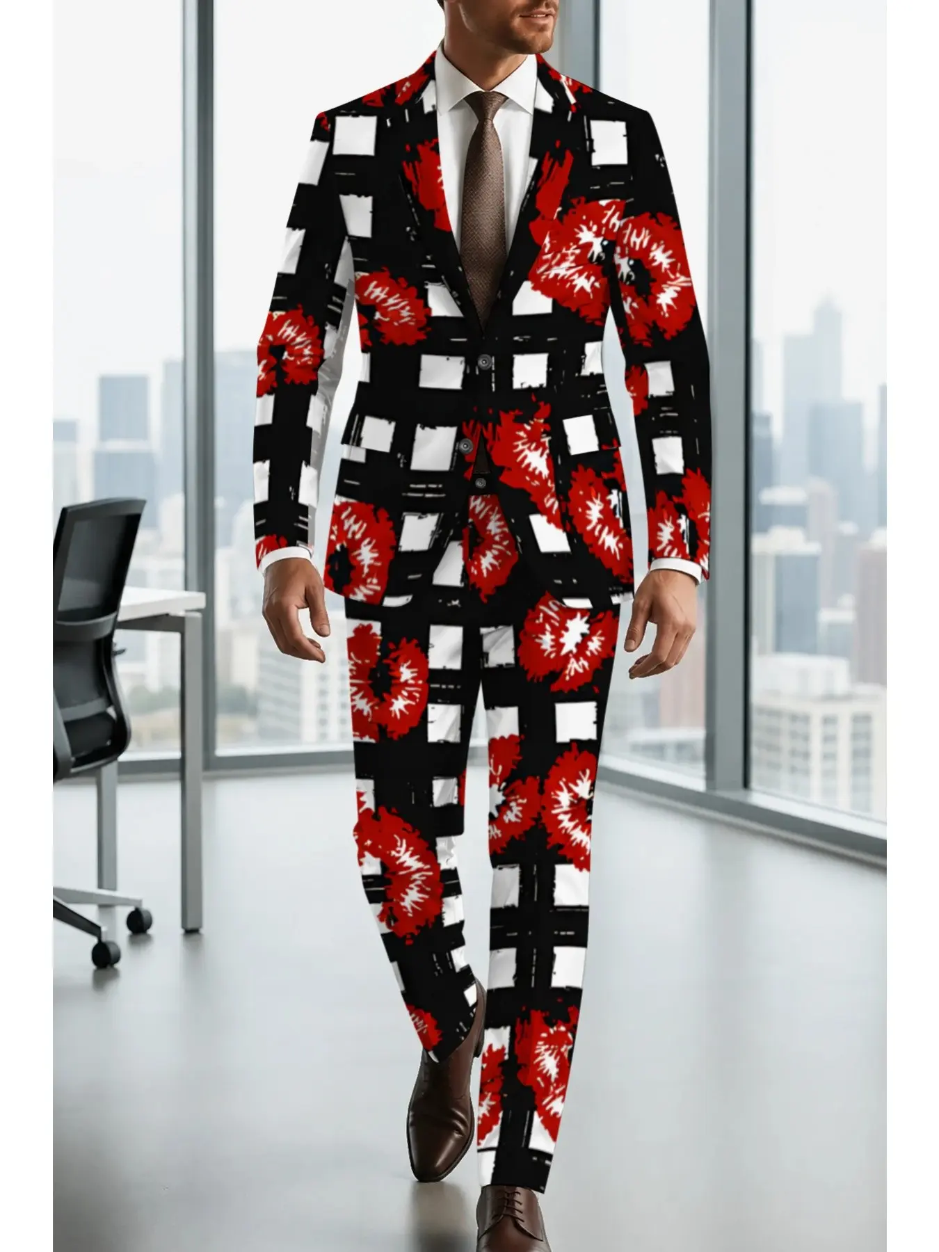 Trendy Lipprint Plaid Art Print Slim Fit Blazer Set, Classic Plaid with Sexy Lip Element, Perfect for Parties and Nightclubs