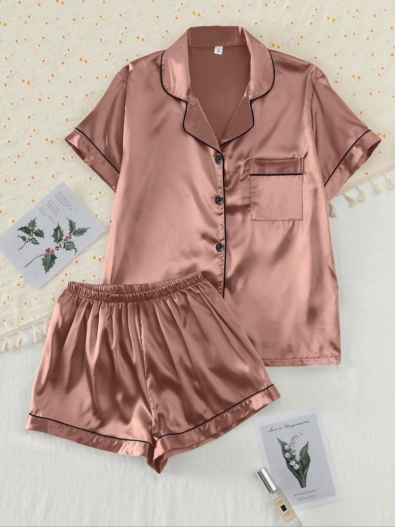 【Valentine's Day】Women's Two-piece Shirt & Shorts Satin Pajamas Set, Ladies Summer Sleepwear