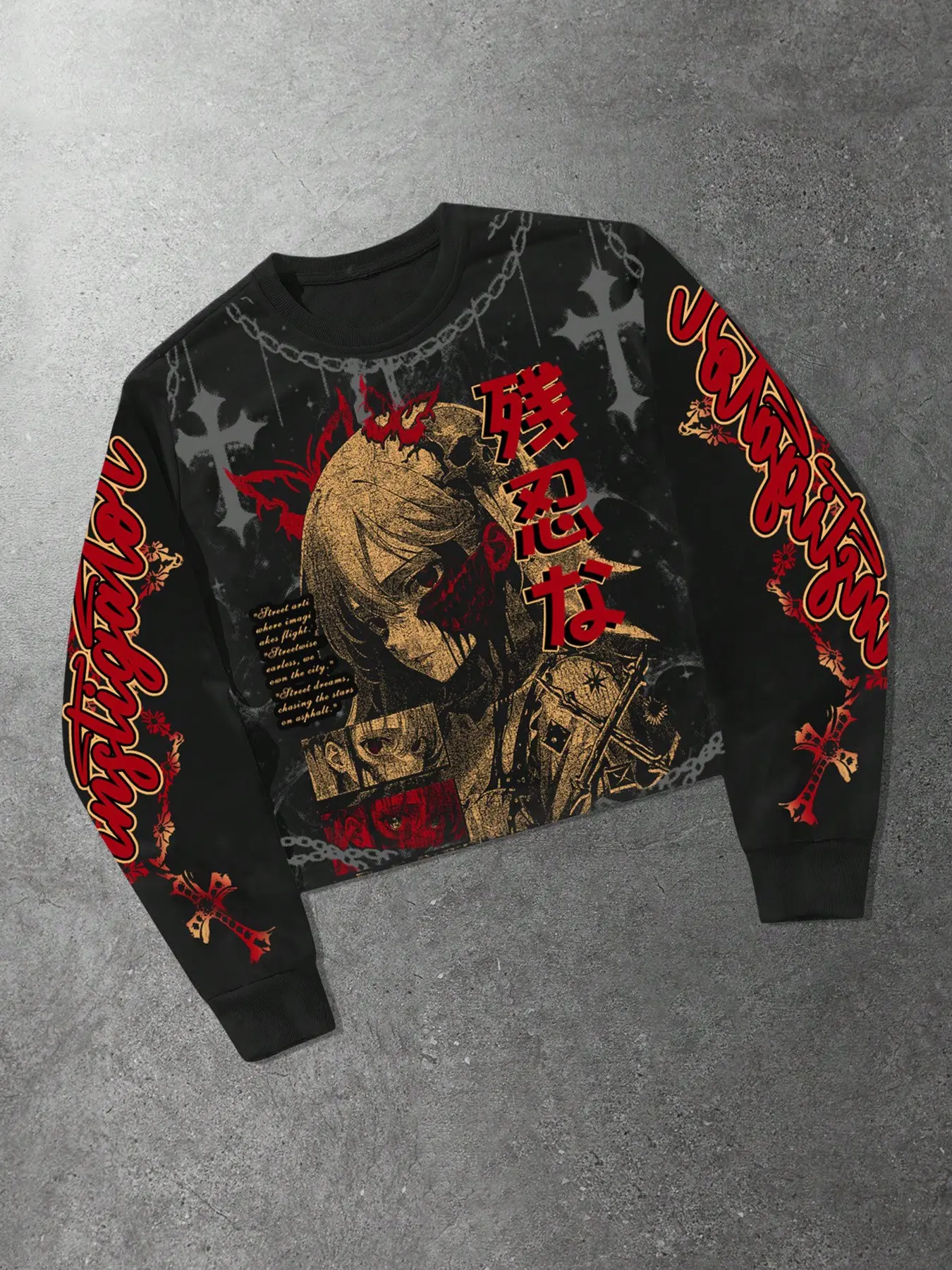 Cropped Long Sleeve Anime Graphic Crewneck Top, Casual, With Vintage Distressed Anime Girl, Red Japanese Kanji, Chain Cross & Butterfly Background Print, Full Sleeve Cursive Letter Cross Decor, Lightweight Soft Breathable Wrinkle Resistant Pullover, M