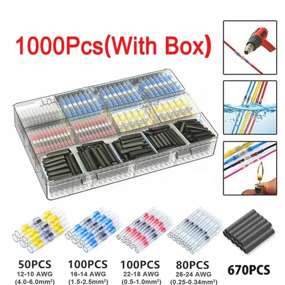 1000PCS Solder Seal Wire Connectors - Waterproof Heat Shrink Butt Connectors with Self-Solder Function for Marine, Automotive, Stereo Applications