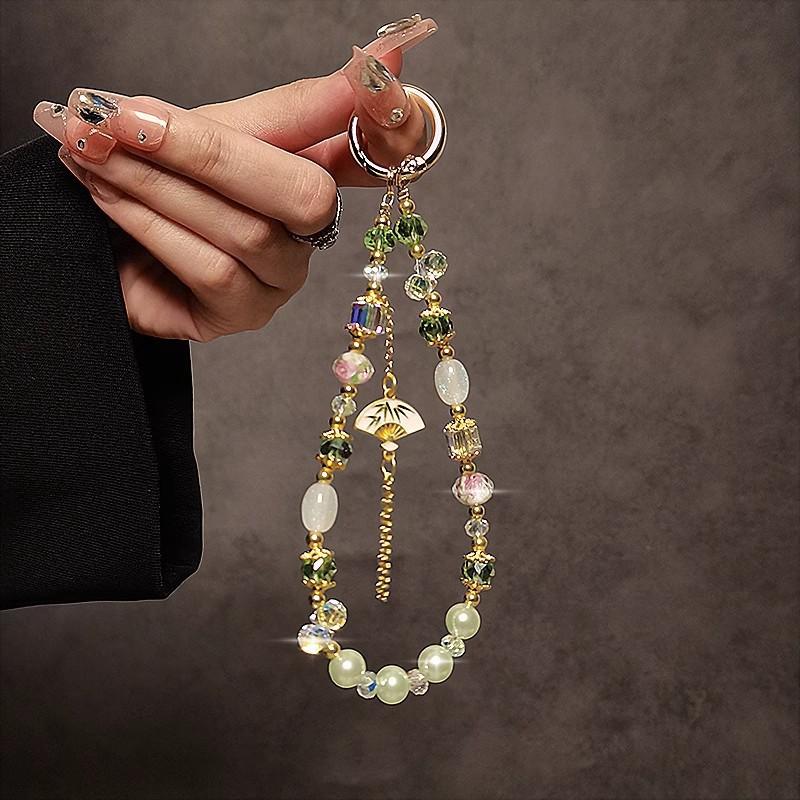 Chinese Style Alloy Tassel Fan Phone Lanyard Handmade Bead Pearl Crystal Strap Phone Case Wrist Hanging Chain Keychain Pendant