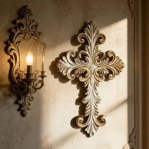 Vintage Distressed Scroll Carved Cross Wall Decor, Ornate Baroque Style, Farmhouse Prayer Room Entryway Decor, Meaningful Home Gift