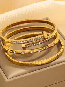 3pcs/set Fashion Striped Cubic Zirconia Stainless Steel Stackable Bracelets Set for Women, Birthday Gift, Back-To-School Gift