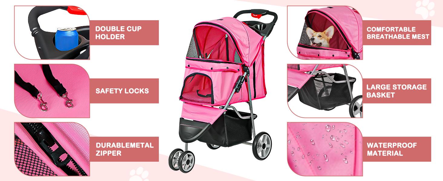 Foldable Pet Stroller for Cats and Dogs 3 Wheels Carrier Strolling Cart with Weather Cover, Storage Basket + Cup Holder (Pink)