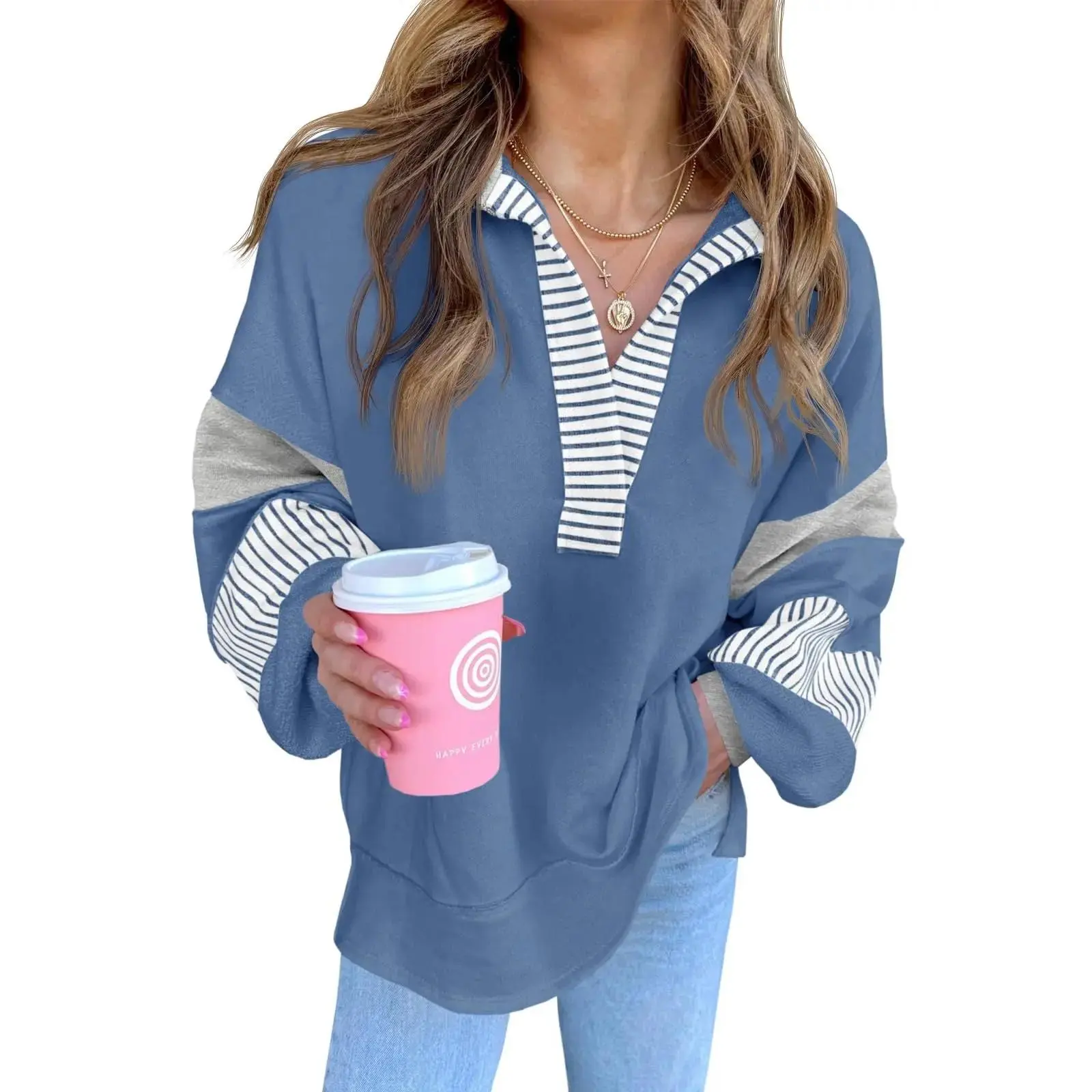 2026  Womens Color Block Oversized Sweatshirt V Neck Long Sleeve Casual Loose Pullover Tops Hoodie Womenswear hoodies women parke sweatshirt hoodies sweatshirts