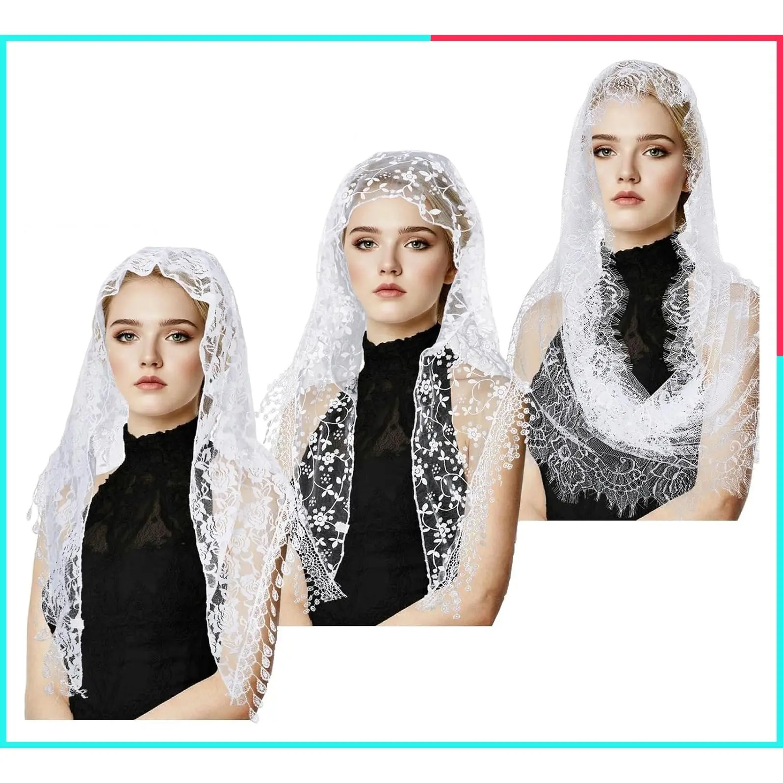 3/4 Pcs Retro Lace Catholic Veil, Triangle Mantilla Mass Veil, Cathedral Wedding Veil, Rectangular Lace Head Covering Shawl, Bridal Veils for Wedding