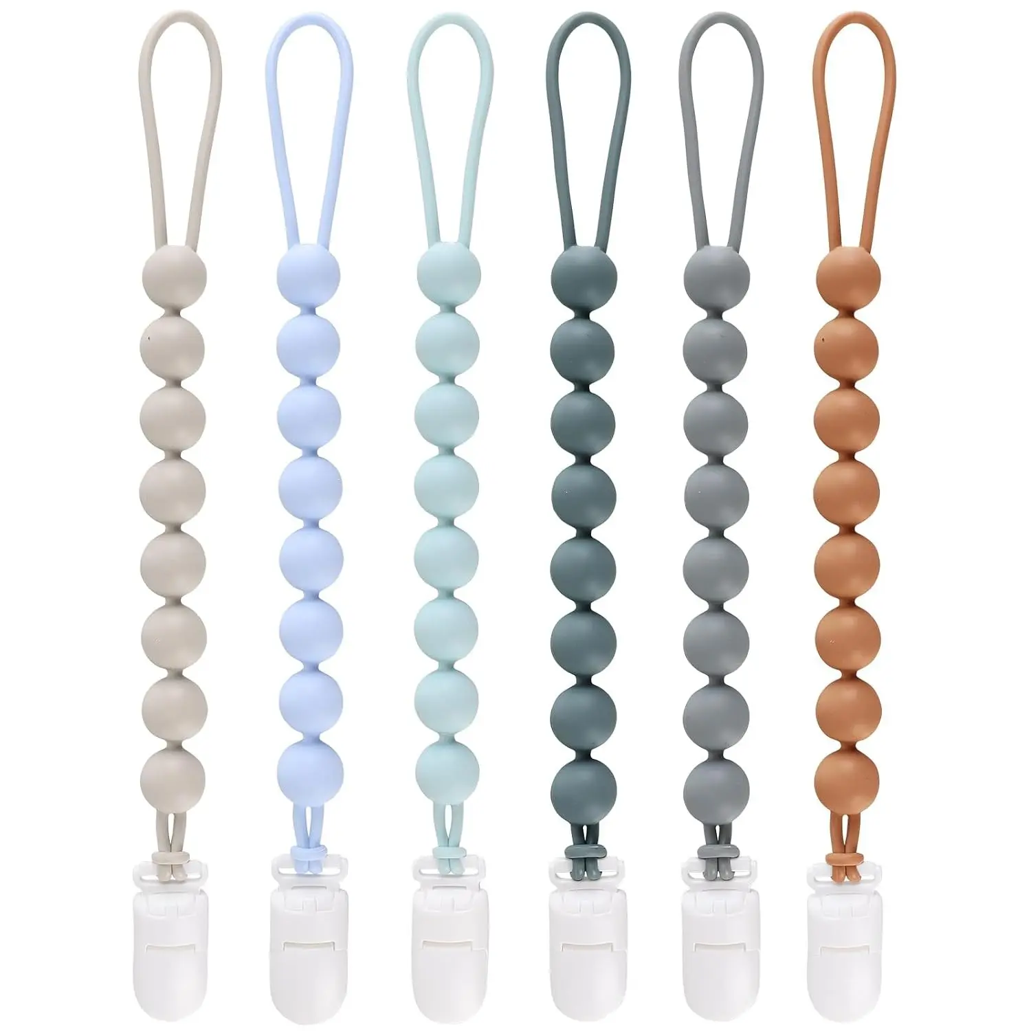 6-Pack Silicone Pacifier Clips for Baby Boys and Girls - One-Piece Beads, Rust-Free Holders, Teething Relief, Newborn Safe Baby Essentials(Gift)