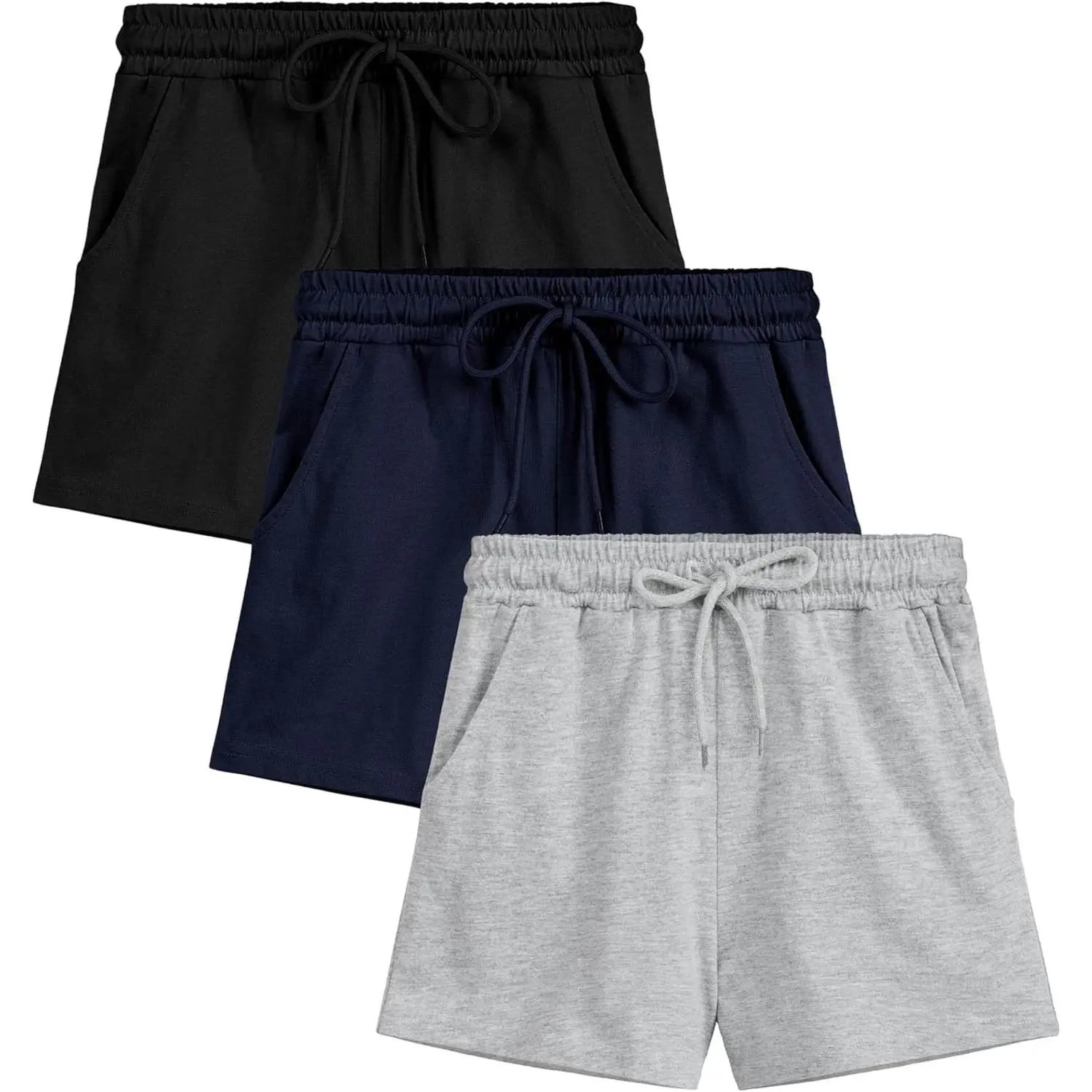 Poroka 3-Pack Cotton Short Sweatpants for 11-12 Years Girls, Athletic Shorts with Pockets, Elastic Waist, Above the Knee, None