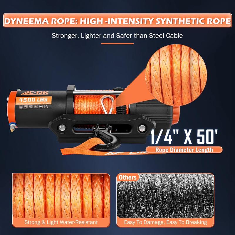 4500 lb UTV Winch Synthetic Rope Kits, 12V Winch with  Remote for Off Road Trailer Boat RV Towing Winche,  Winch with Mounting Plate and Wired Remote