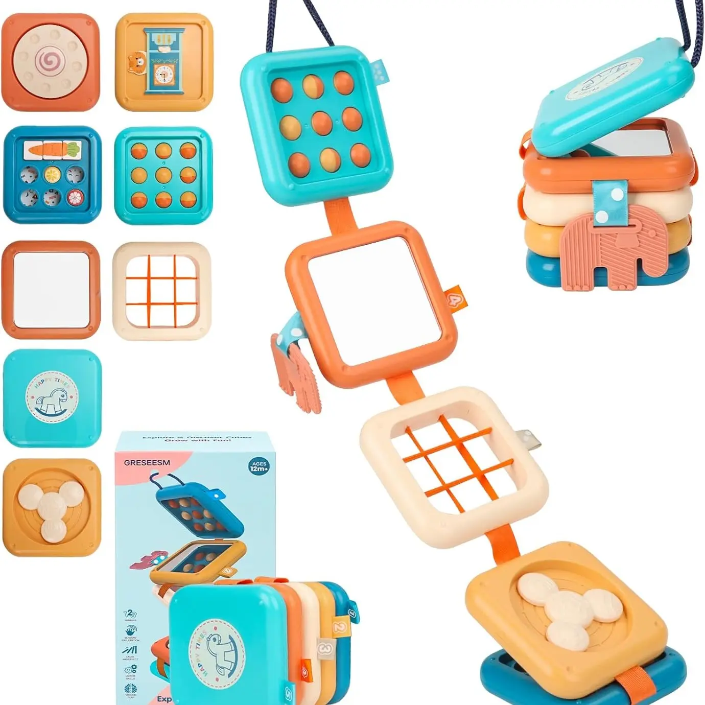 Montessori Busy Board for 1 Year Old, Toddlers Travel Toys for Ages 1–3, Sensory Activity Board for Airplane and Car, Developmental Activity Board, Baby Gifts for Boys Girls, Easter Basket & Stocking Stuffers, Activity Cube Sensory