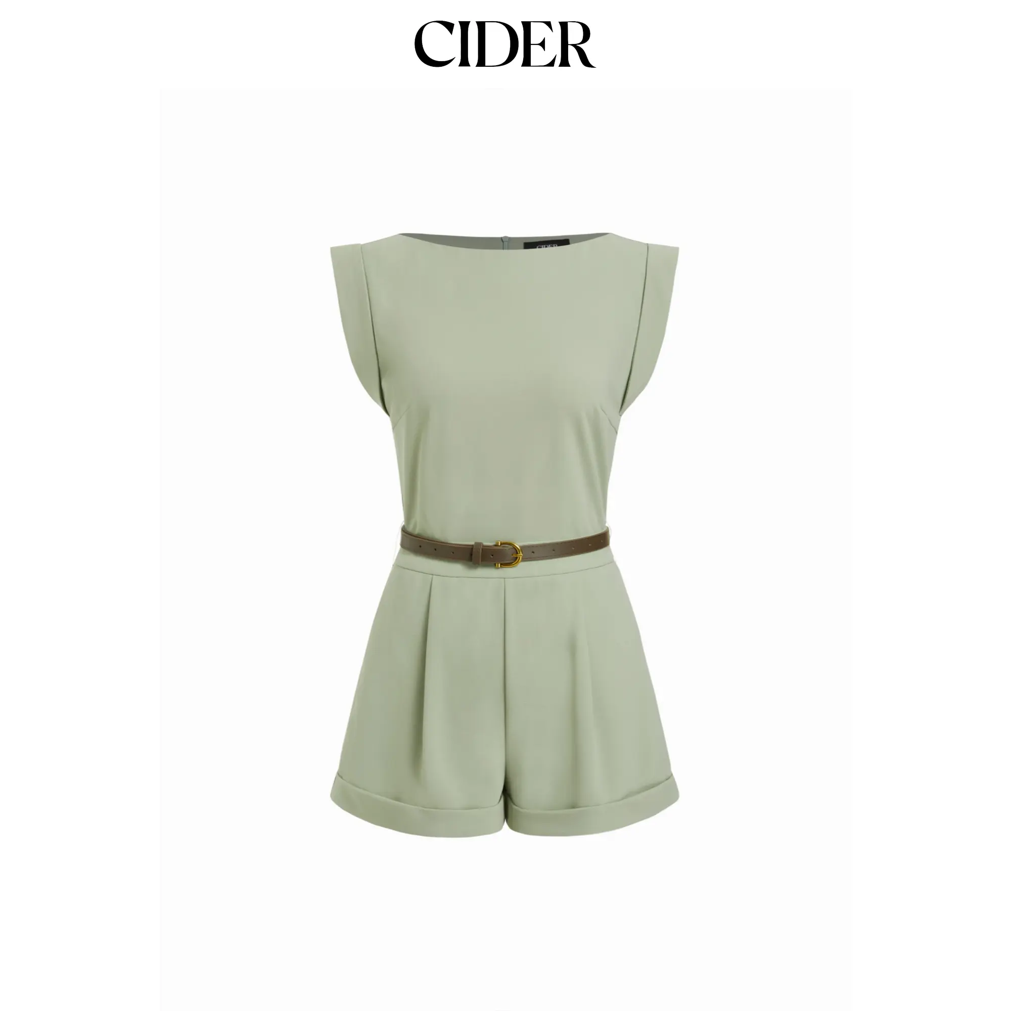 Cider Boat Neck Pleated Metal Detail Mid Rise Romper With Belt