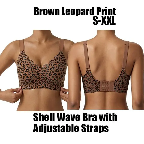 EssElegance  Women Scalloped V-Neck Seamless Wireless Bralette, Leopard Print Zero Feel Non-Wired Everyday Bra with Wide Smoothing Band, Breathable Soft Invisible Lounge Bra for Work Sleep Casual Outfits