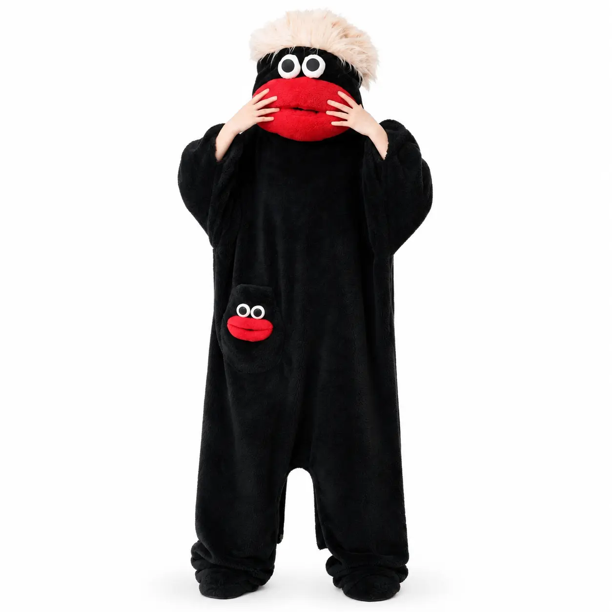 Funny Big Mouth Monster Hooded Fleece Onesie Pajamas, Oversized Cosplay Sleepwear, Skin-Friendly Coral Plush Warm Union Suit with Butt Flap, Complete 3-Piece Set Includes Matching Slippers & Styling Hair Comb
