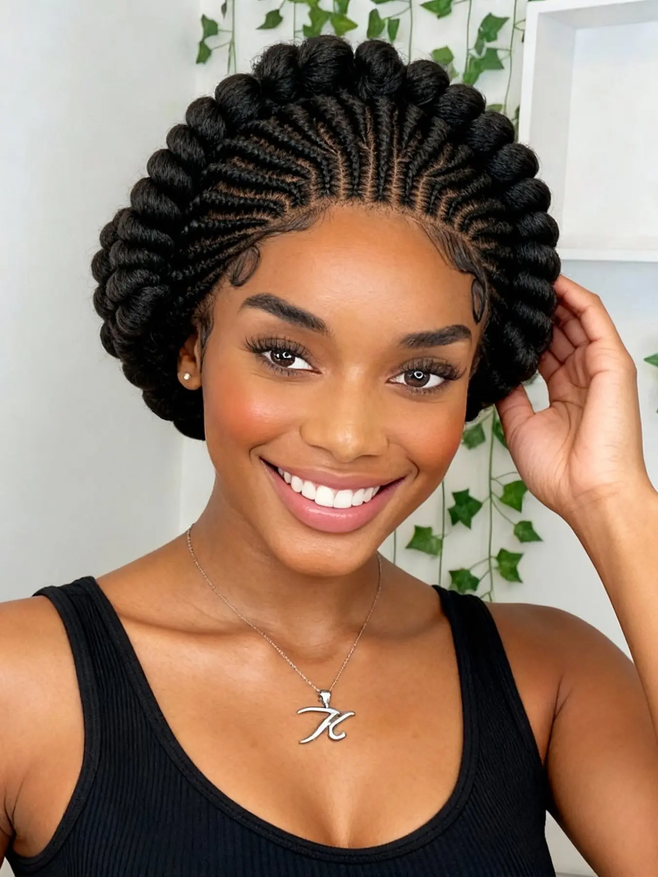 Synthetic Fiber Handmade Radial Cornrow Braided Wig, Transparent HD All Lace, Lace Wigs, Natural Scalp, Round Floral Updo, for African American Women
