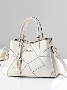 Women's Litchi Grain Tote Bag, Geometric Diamond Stitching, Top Handle Crossbody Purse, Metal Letter Tag Pendant, Casual All Seasons Style