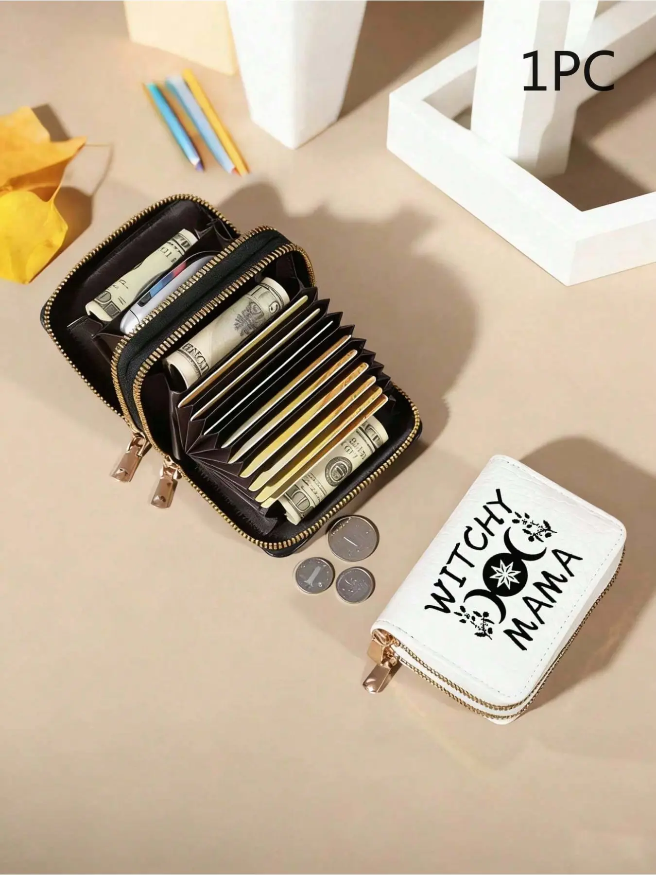 Portable zipper wallet with WITCHY MAMA print. Unisex card & coin pouch, also for small documents. Perfect gift for back-to-school, birthdays and anniversaries.