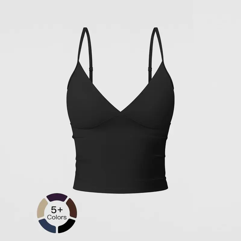 Women V-Neck Adjustable Spaghetti Strap Sports Cami Top Buttery Soft Breathable Padded Crop Tank Top Slim Fit Sleeveless Athletic Gym Yoga Workout Top for Daily Indoor Outdoor Wear