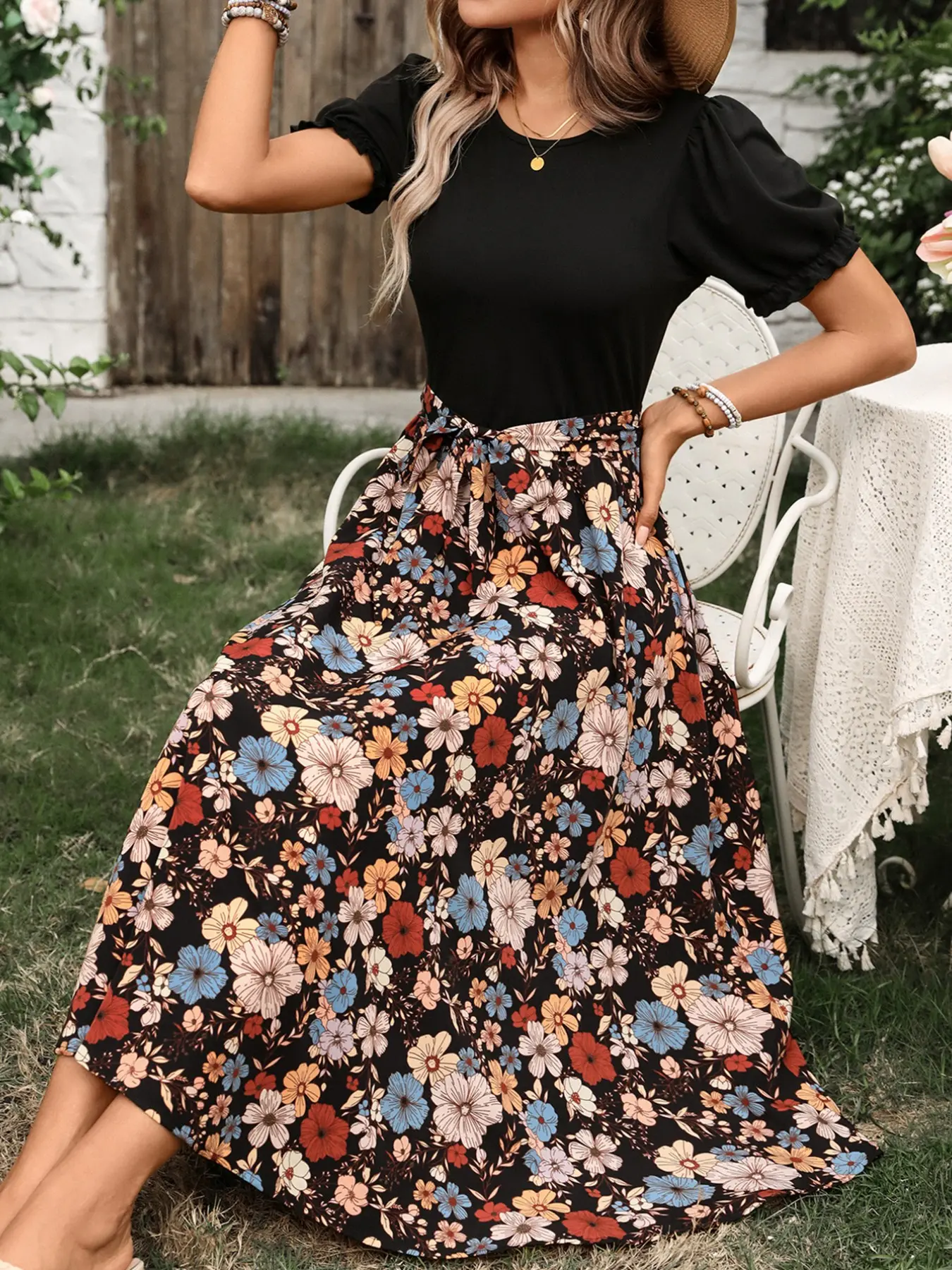 Patchwork Floral Waist Tie Long Dress, Conceals Belly Fat, Flattering Fit, Flowy, Elegant French Style, Versatile Midi Dress