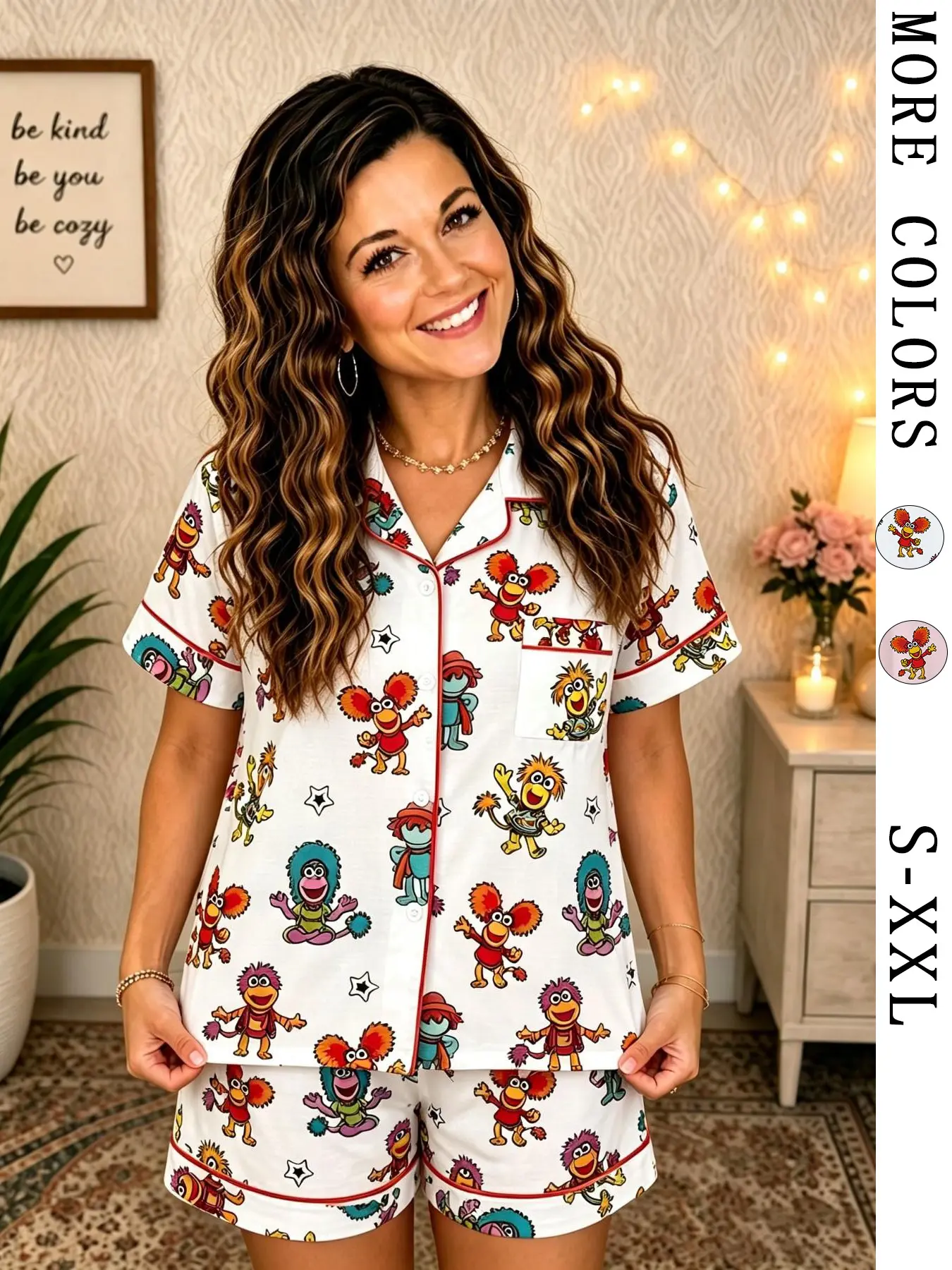 Trendy 80s Nostalgic Cartoon Pajama Set | Cute Retro Puppet Print Sleepwear | Soft Short Sleeve Button Down Lounge Outfit with Red Piping | Kidcore Summer PJs | Novelty Nightwear