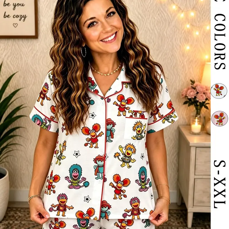 Women's 80s Retro Puppet Print Pajama Set, 2-Piece Short Sleeve Button-Down Top & Shorts with Red Piping, Cute Kidcore Aesthetic Summer Sleepwear Loungewear